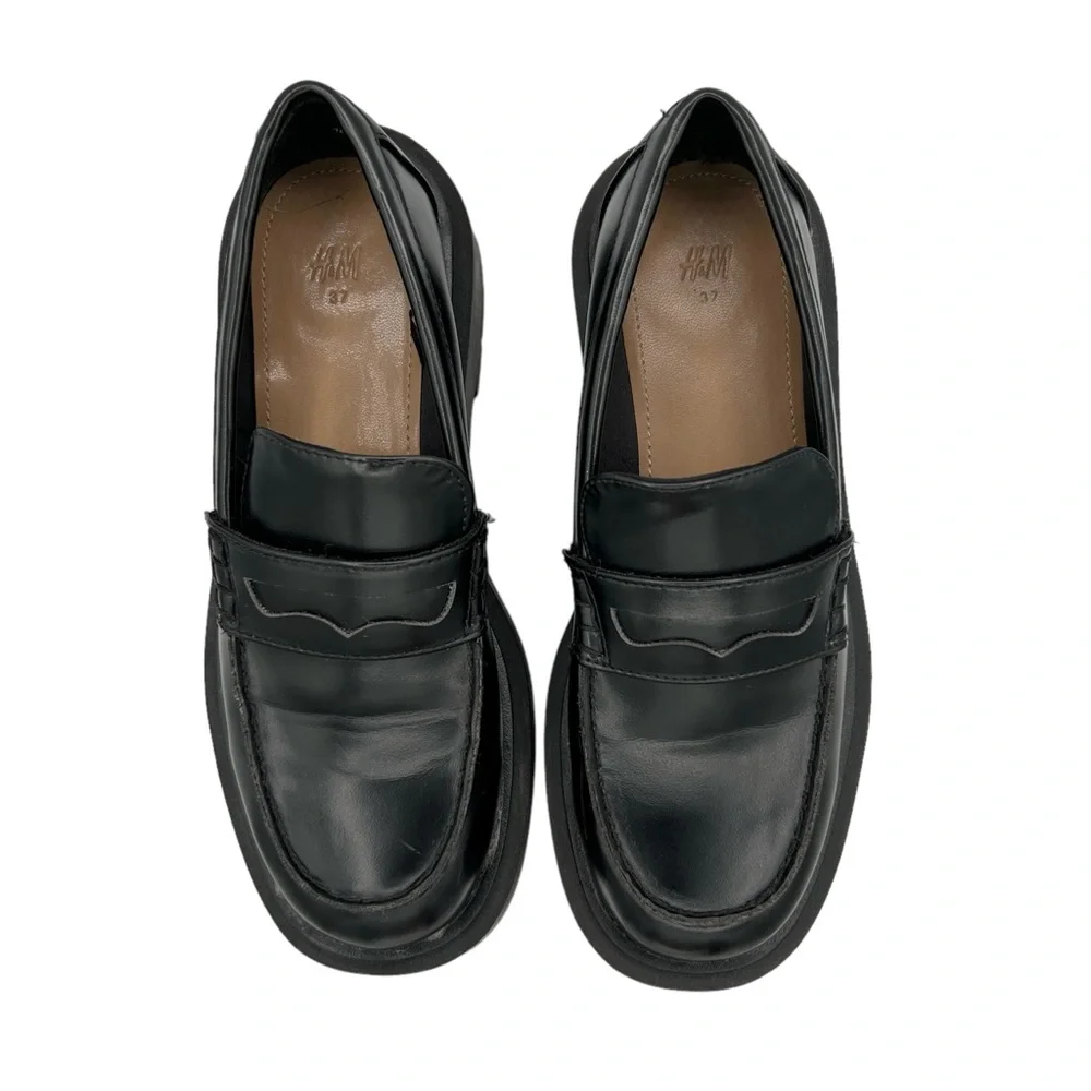 H&M Black Faux Leather Chunky Platform Preppy‎ Slip On Penny Loafers (6)